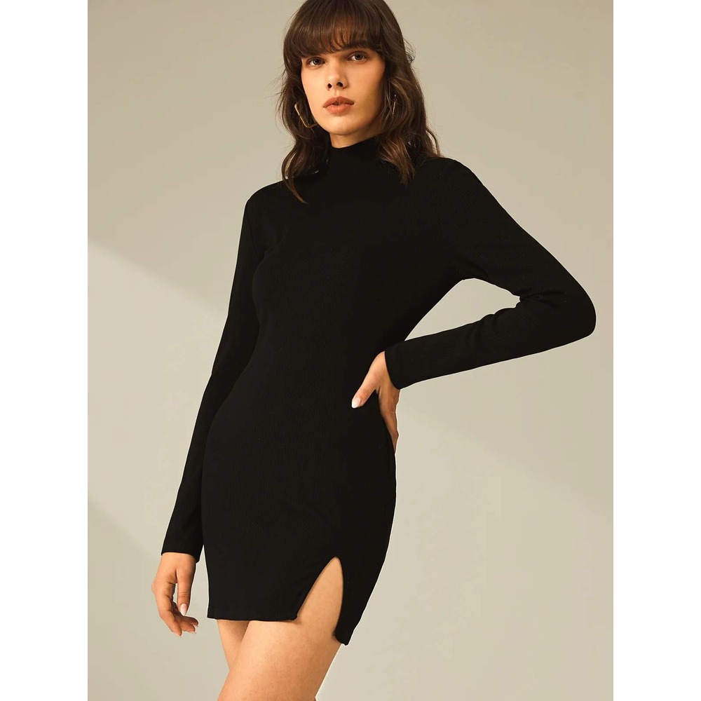 COMMENSE Black Turtleneck Ribbed Panel Cotton Mini Dress Long Sleeve Slit Size L